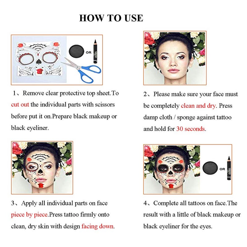 MANGOIT Halloween Face Tattoo Day of the Dead Tattoos Sugar Skull Water Transfer Stickers(5 PACK) with Floral Red Rose Black Web Fake Face Mask Tattoo for Mexican Halloween Parties Favor Supplies, Masquerade - Image 5